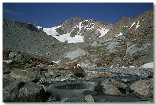 Il maggiore dei torrenti che scendono dal ghiacciaio di Preda Rossa. Sullo sfondo, il monte Disgrazia. Foto di M. Dei Cas